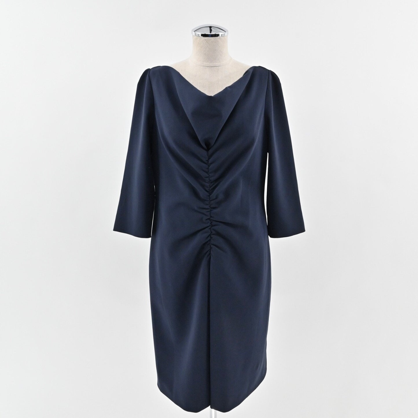 MOSCHINO Ruched Sheath Dress Size 12 Navy Boat Neck 3/4 Sleeve CHEAP AND CHIC