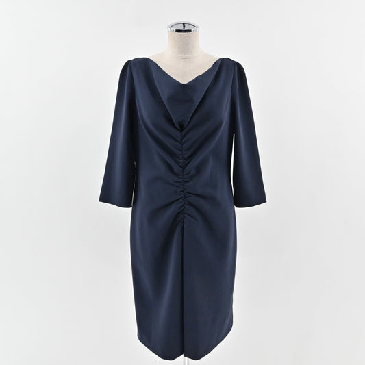 MOSCHINO Ruched Sheath Dress Size 12 Navy Boat Neck 3/4 Sleeve CHEAP AND CHIC