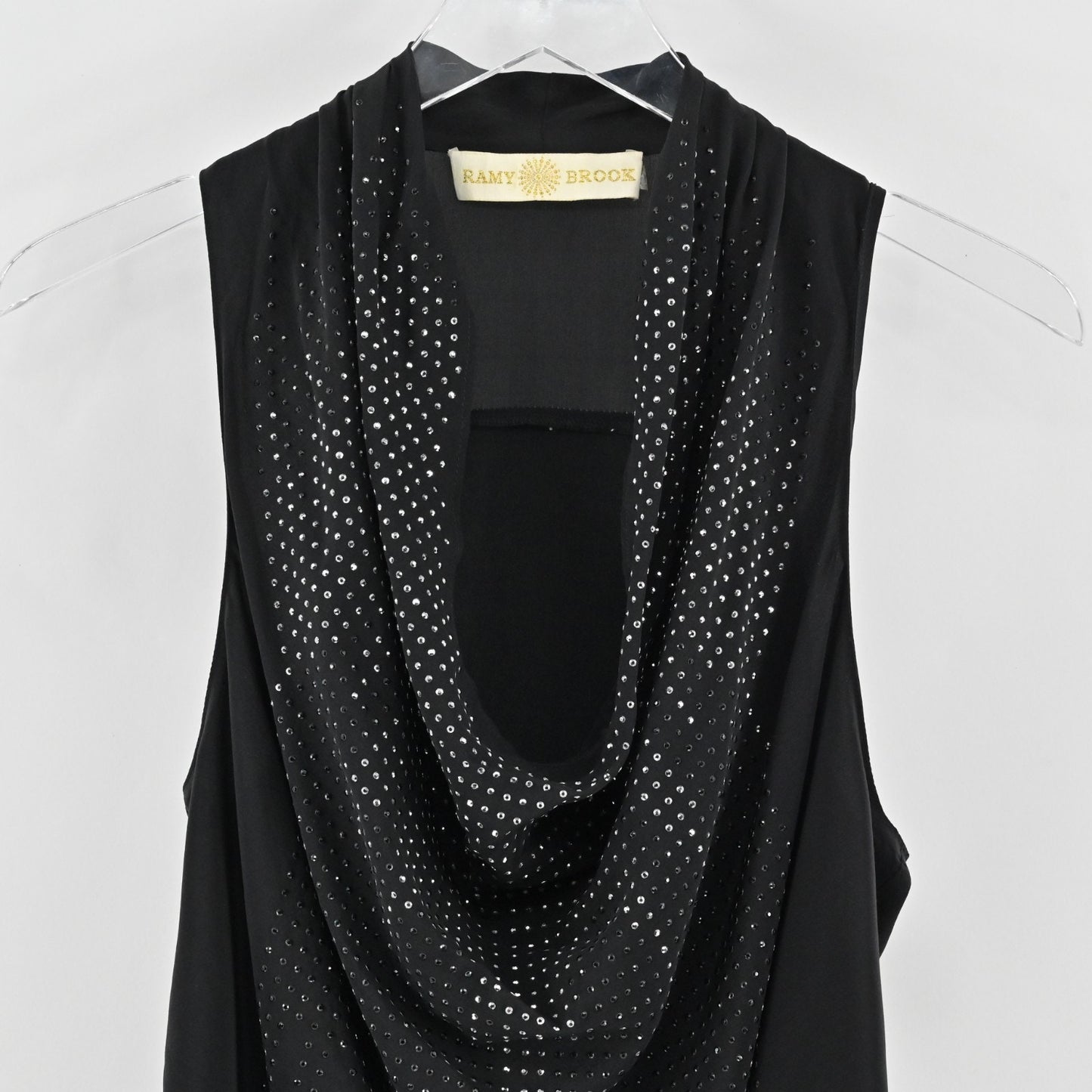 Ramy Brook Womens Debi Silk Tank Top Size L Draped Neck Rhinestone Black Blouse