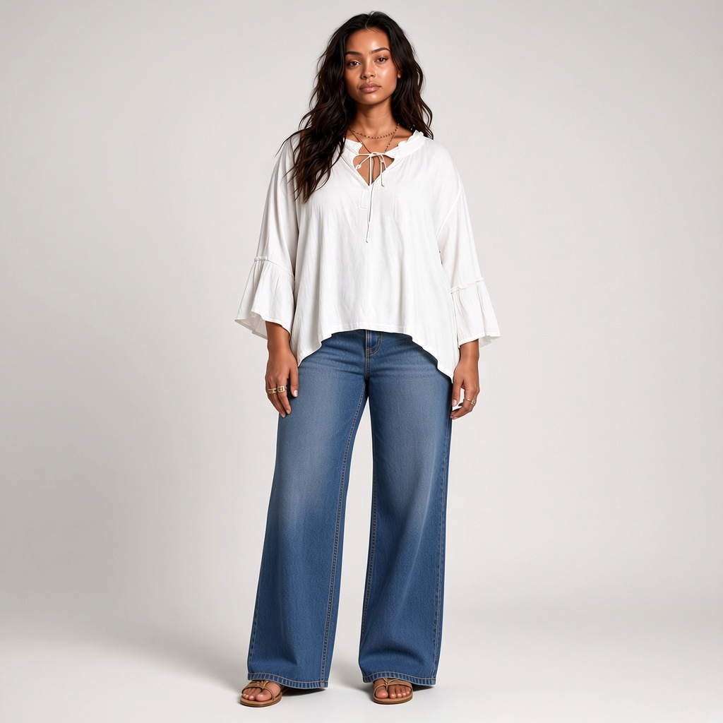 Model wearing a white Kobi Halperin tie blouse with three-quarter sleeves and blue jeans from Lynn's Closet Boutique.