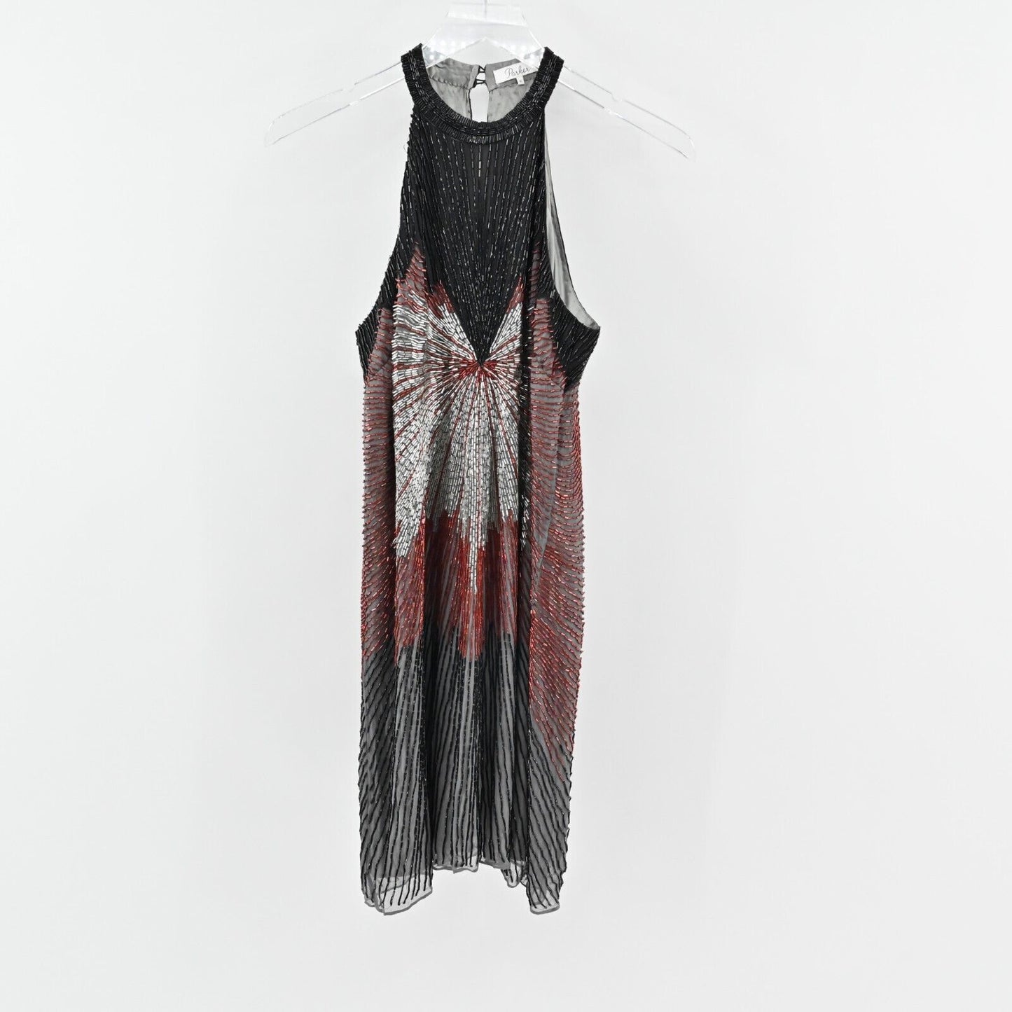 PARKER Dress Sz M Silk Beaded Isla Firecracker Starburst Poinsettia Mini Halter