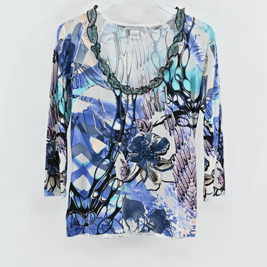 Alberto Makali Womens Ruffle Sequin Sweater Size L Blue Floral Art To Wear Bold