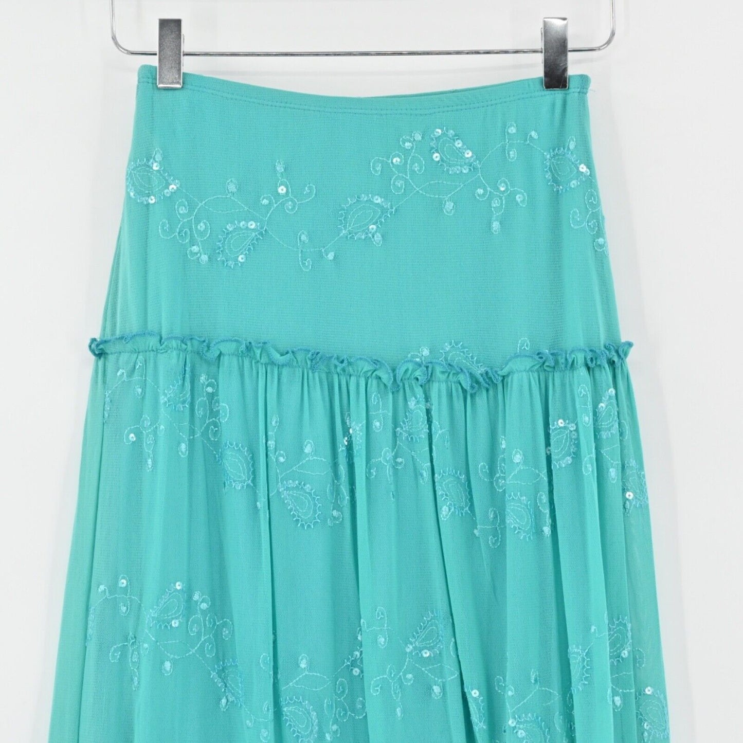 Vintage WHIZ Skirt Womens Sz S Teal Paisley Tiered Ruffle Embroidered Sequin Y2K
