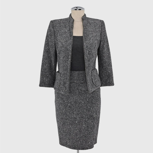 LES COPAINS Womens Skirt Suit Size 40 Gray Herringbone Wool Office Career Outfit