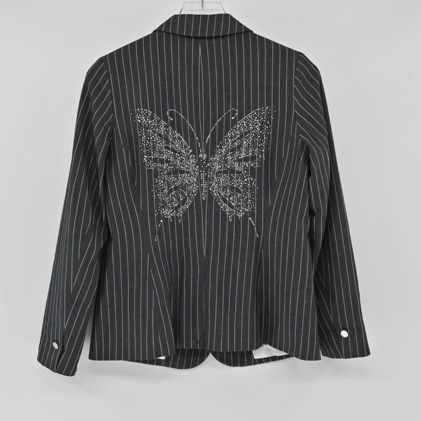 HIPCHIK COUTURE Blazer Womens Sz 8 Gray Pinstripe Rhinestone Butterfly Retro Y2K
