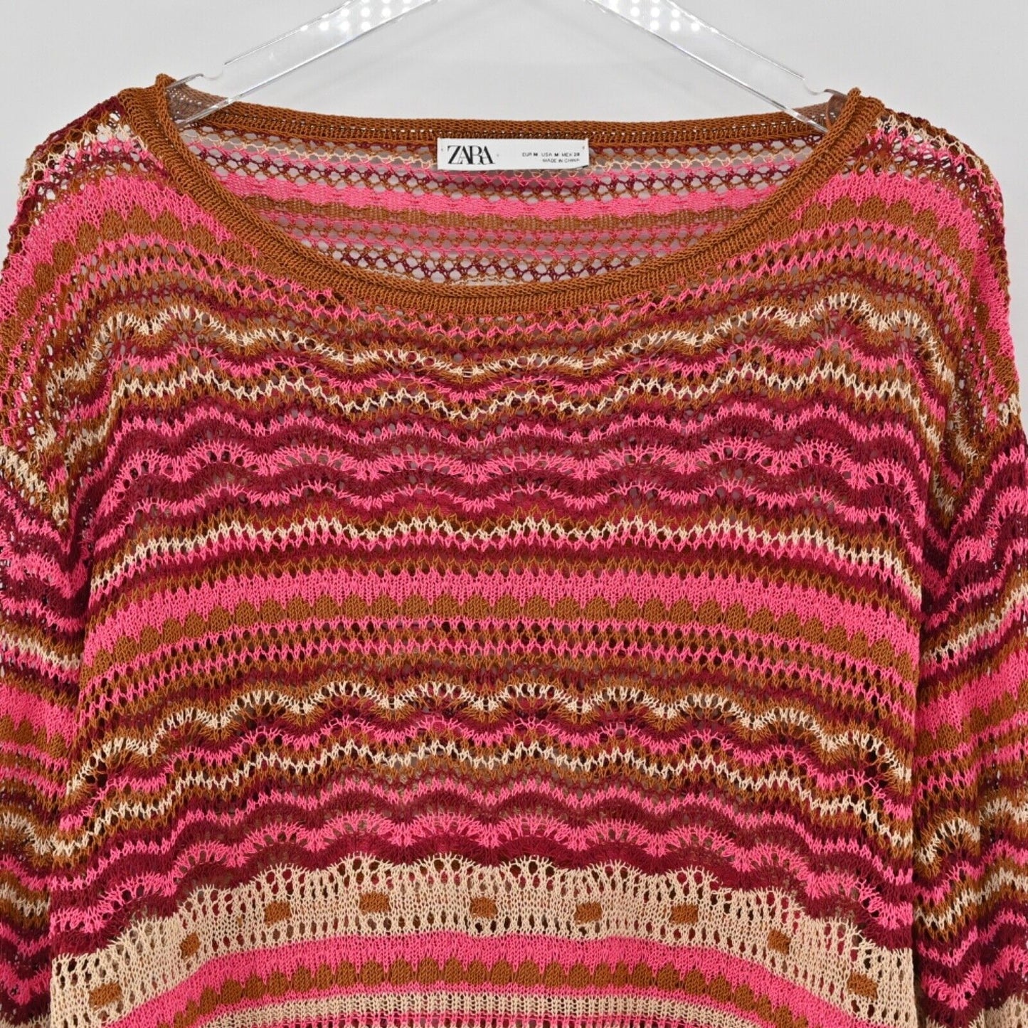 ZARA Sweater Women Sz M Pink Orange Stripe Cotton Blend Open Knit Boat Neck Boho