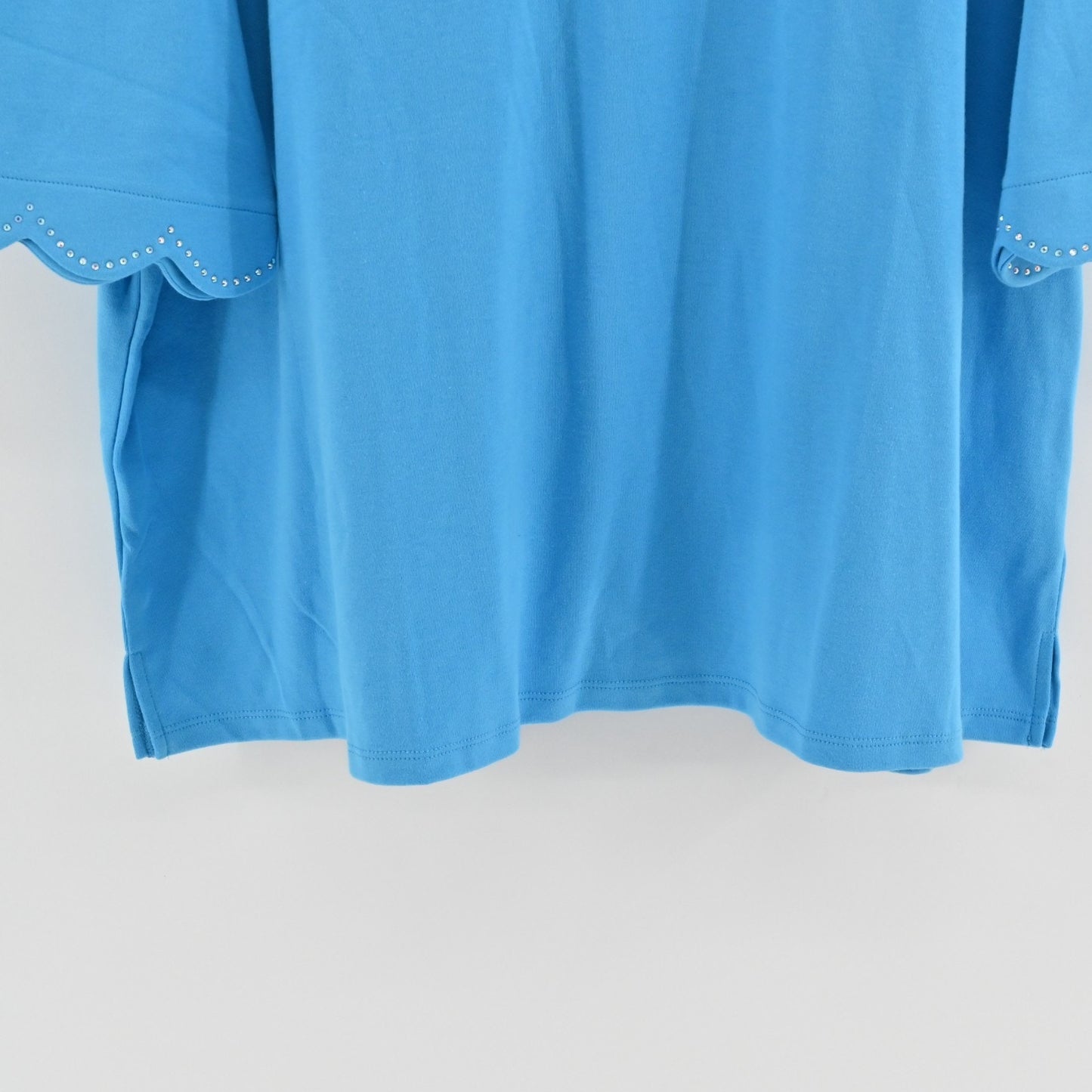 Quacker Factory Womens Scalloped Rhinestone Top Size 3X Blue 3/4 Puff Sleeve