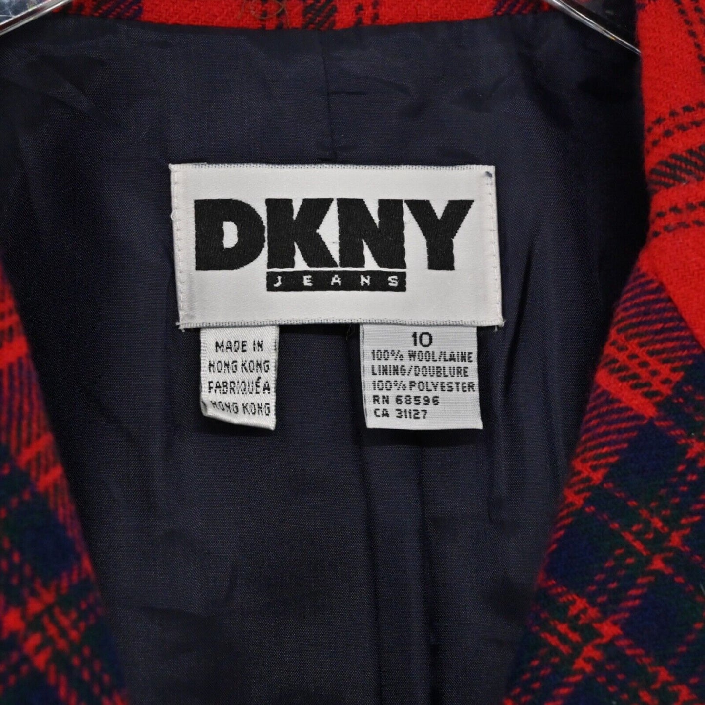 Vtg DKNY Blazer Womens Sz 10 Red Blue Plaid 100% Wool Tweed Preppy Academia 80s