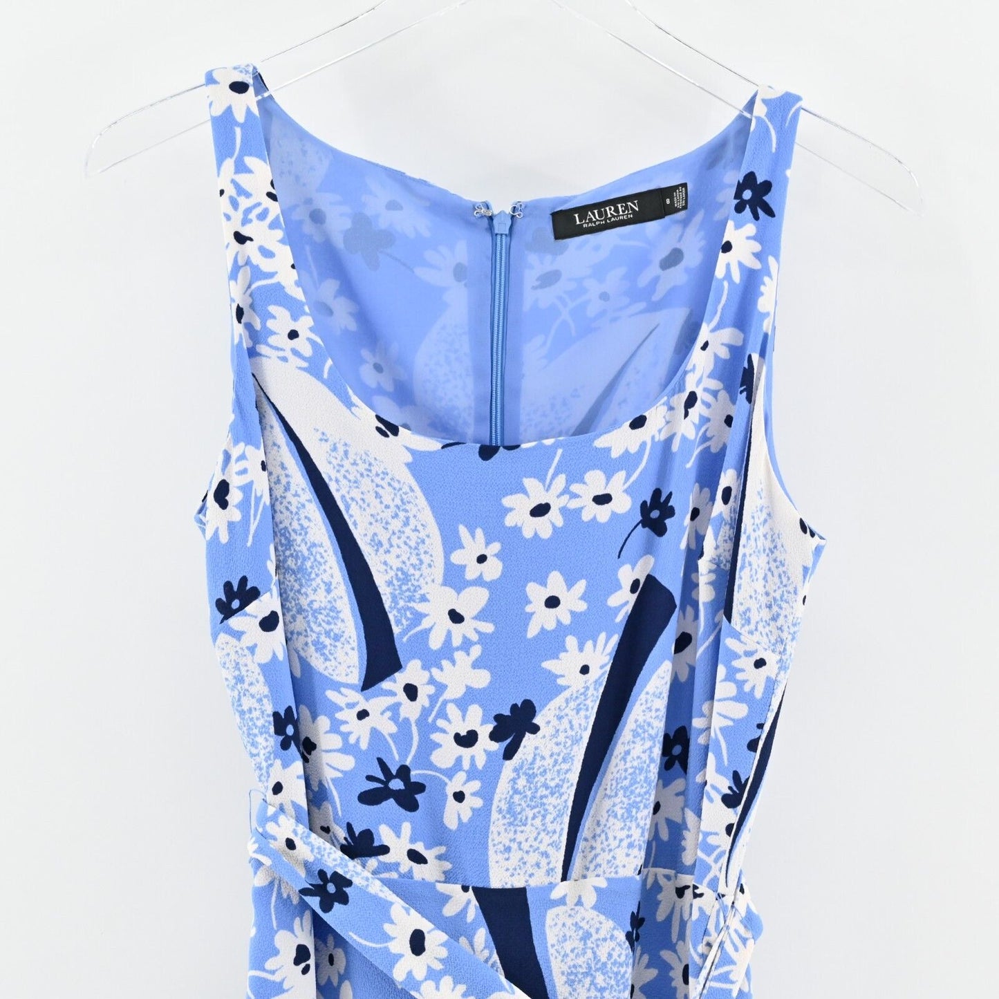 RALPH LAUREN Dress Size 8 Blue Floral Crepe Sleeveless Daisy Belted Summer LRL