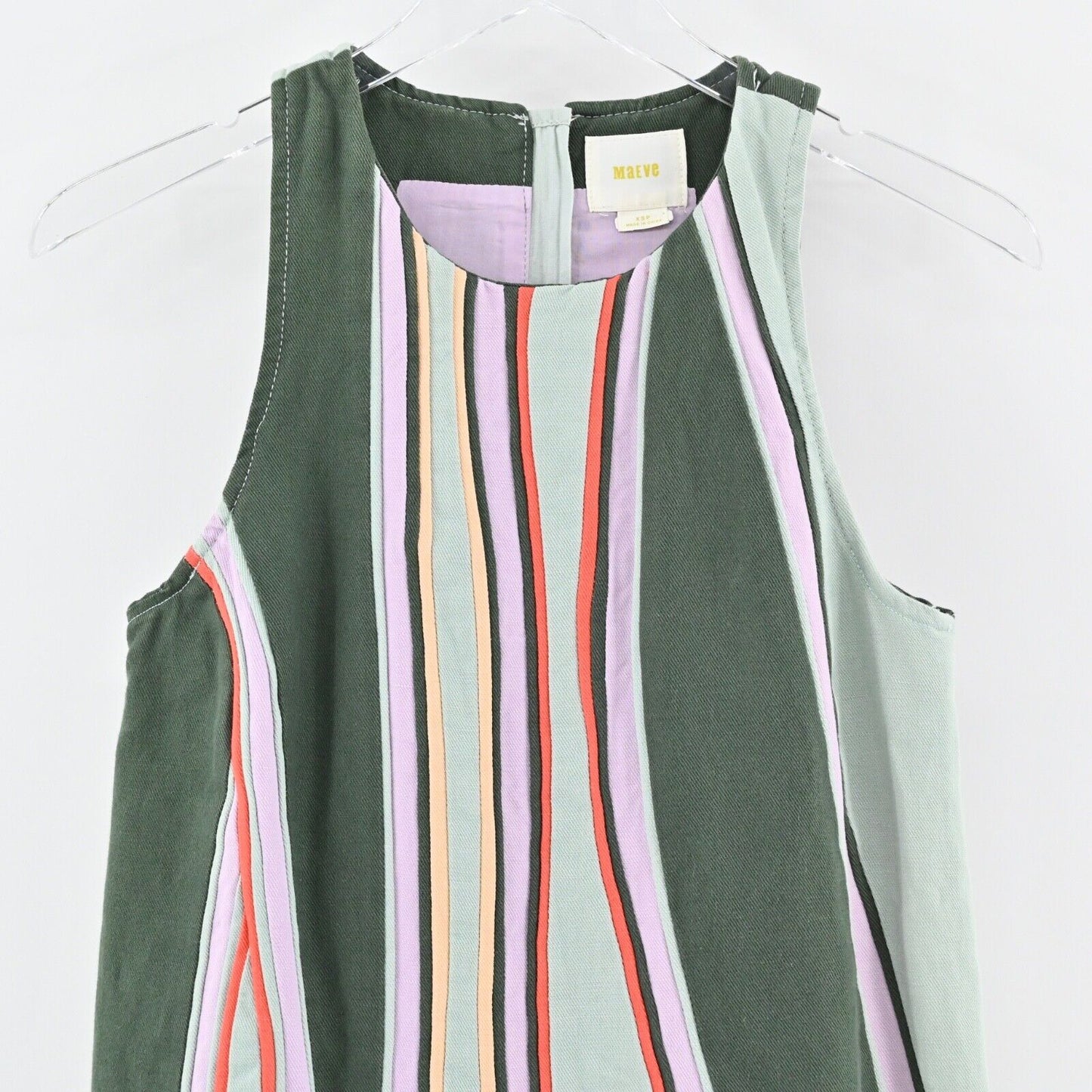 ANTHROPOLOGIE Dress Sz XSP MAEVE Keri A Line Green Stripe Cotton Linen Mini 60s