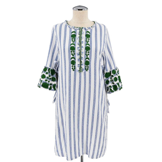 RUNGOLEE Dress Womens Sz XS Blue Green Striped Mini Embroidered Boho Cottagecore
