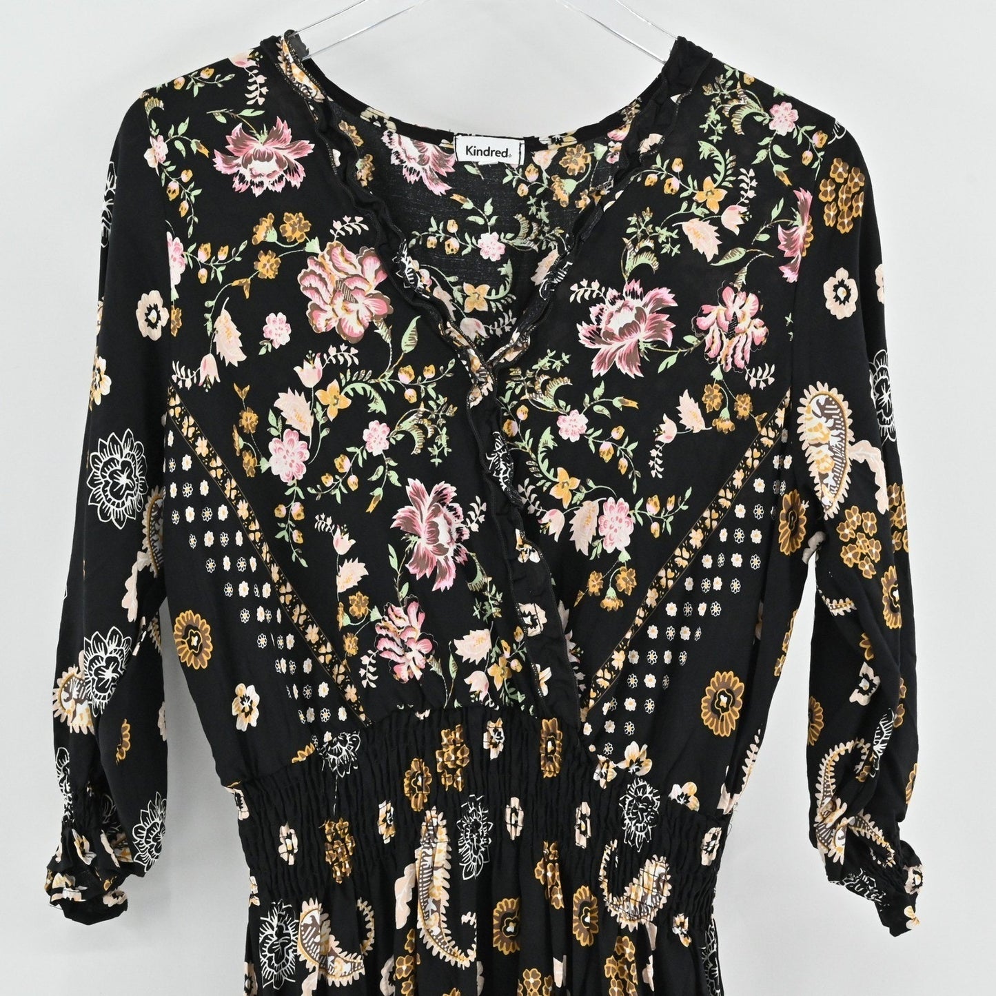 Anthropologie Kindred Floral Paisley Dress Size L Bohemian Smocked Waist Black