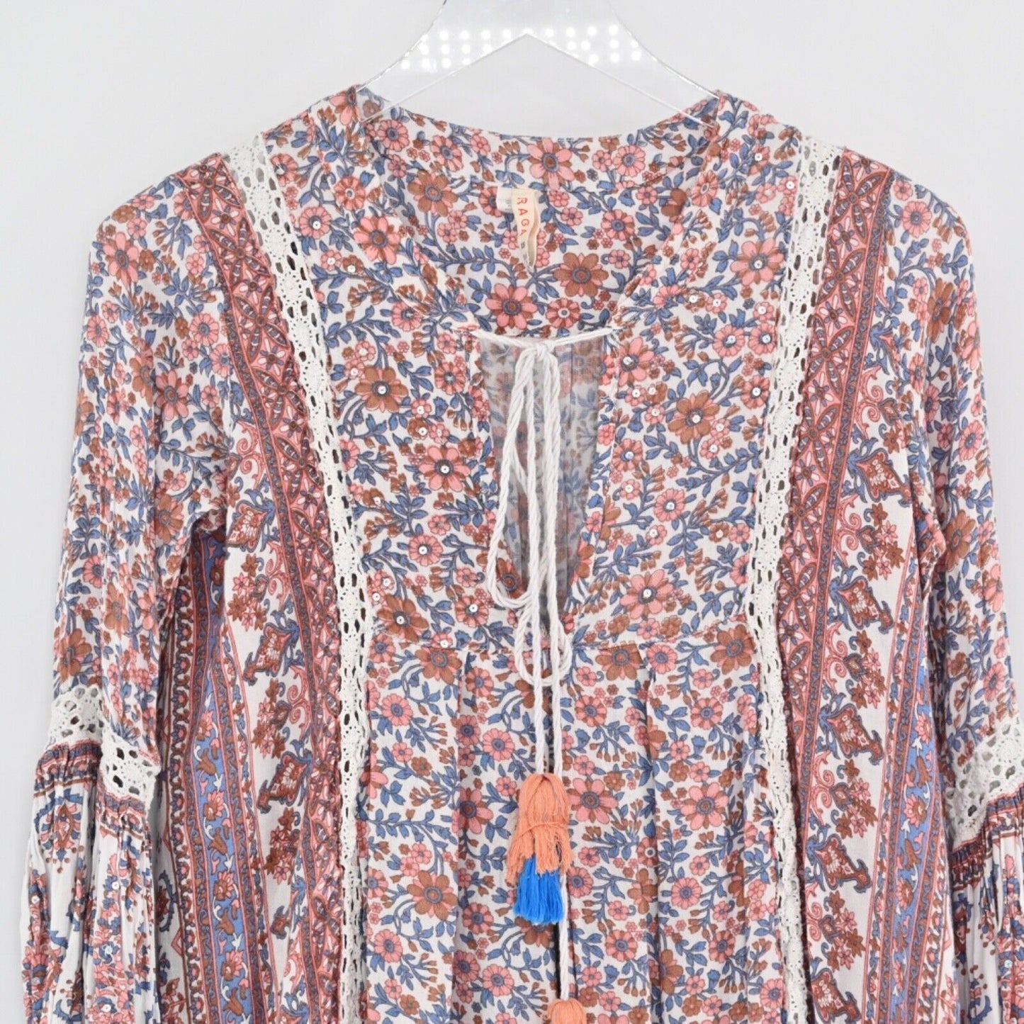 RAGA Dress Womens Size XS Samaira Mini Swing Floral Print Tassel Tie Fringe Trim