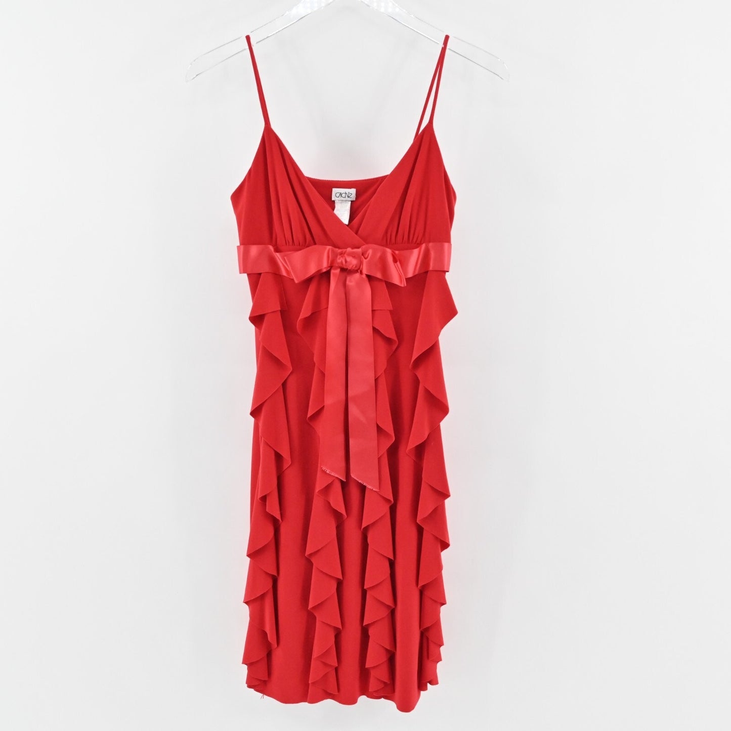 Vtg CACHE Dress Size 6 Red Babydoll Bow Flowy Ruffle Stretch Mini Sleeveless Y2k