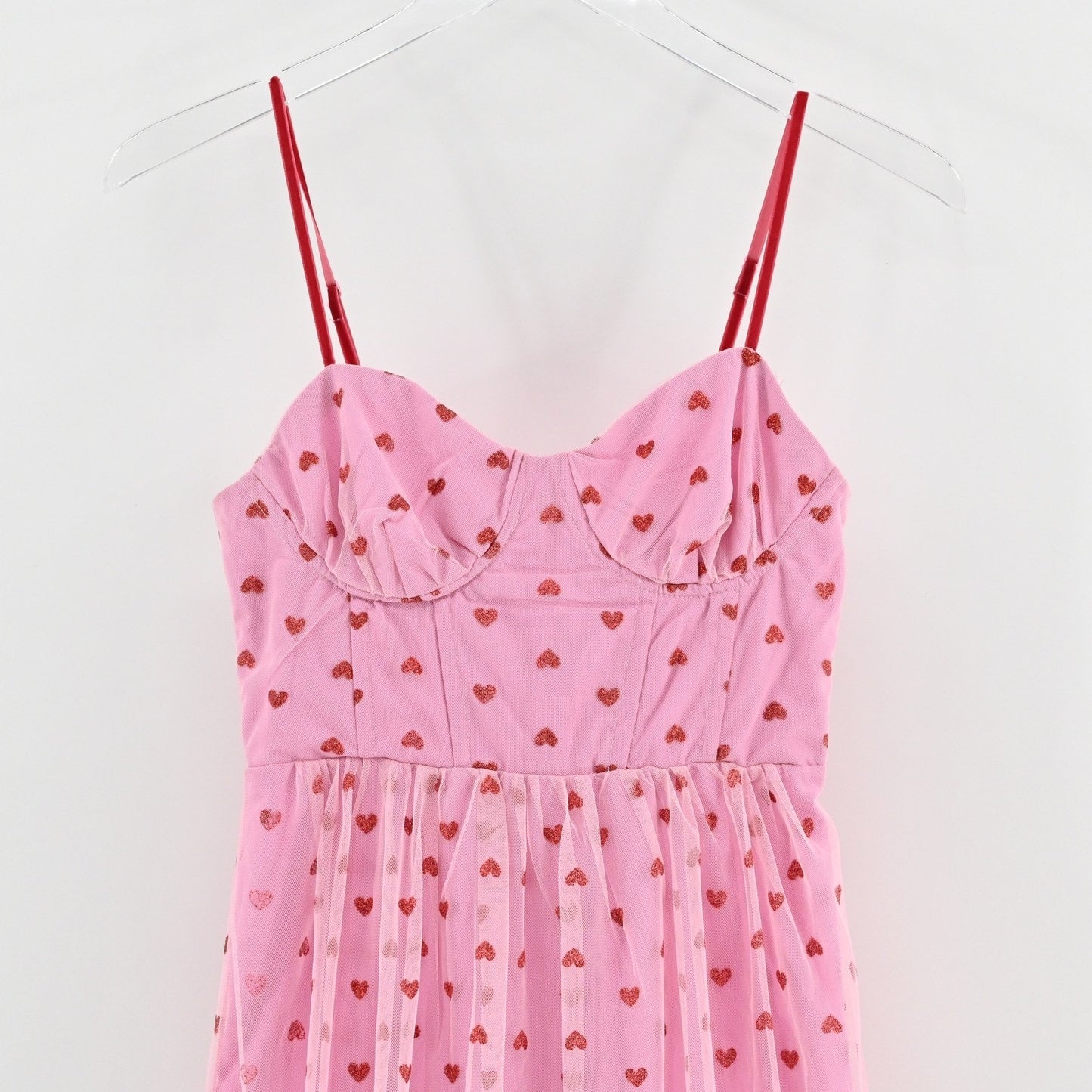 Betsey Johnson Foil Printed Tiered Sweetheart Dress Size 2 Heart Pink Romantic