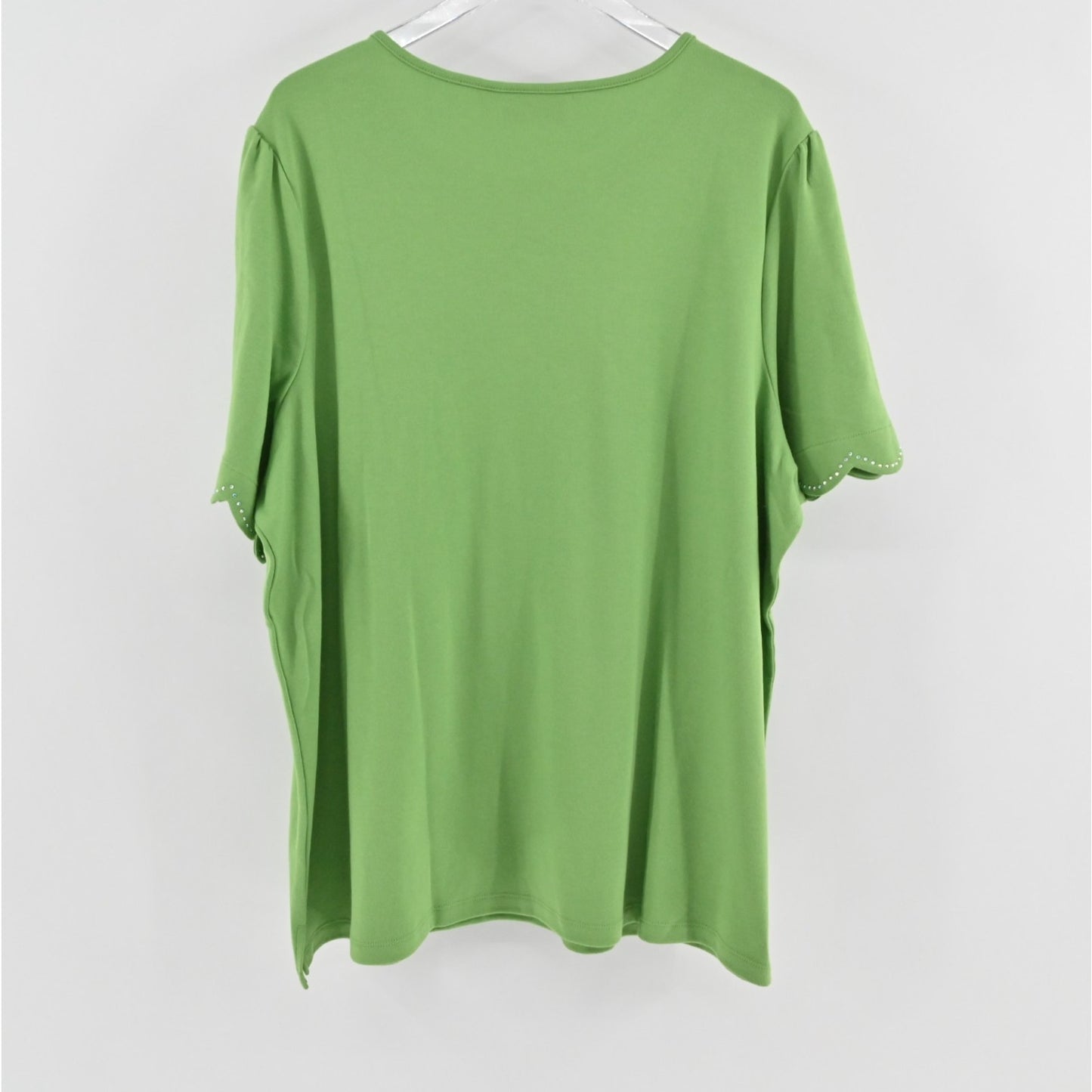 Quacker Factory Womens Scalloped Rhinestone Top Size 3X Green Short Puff Sleeve