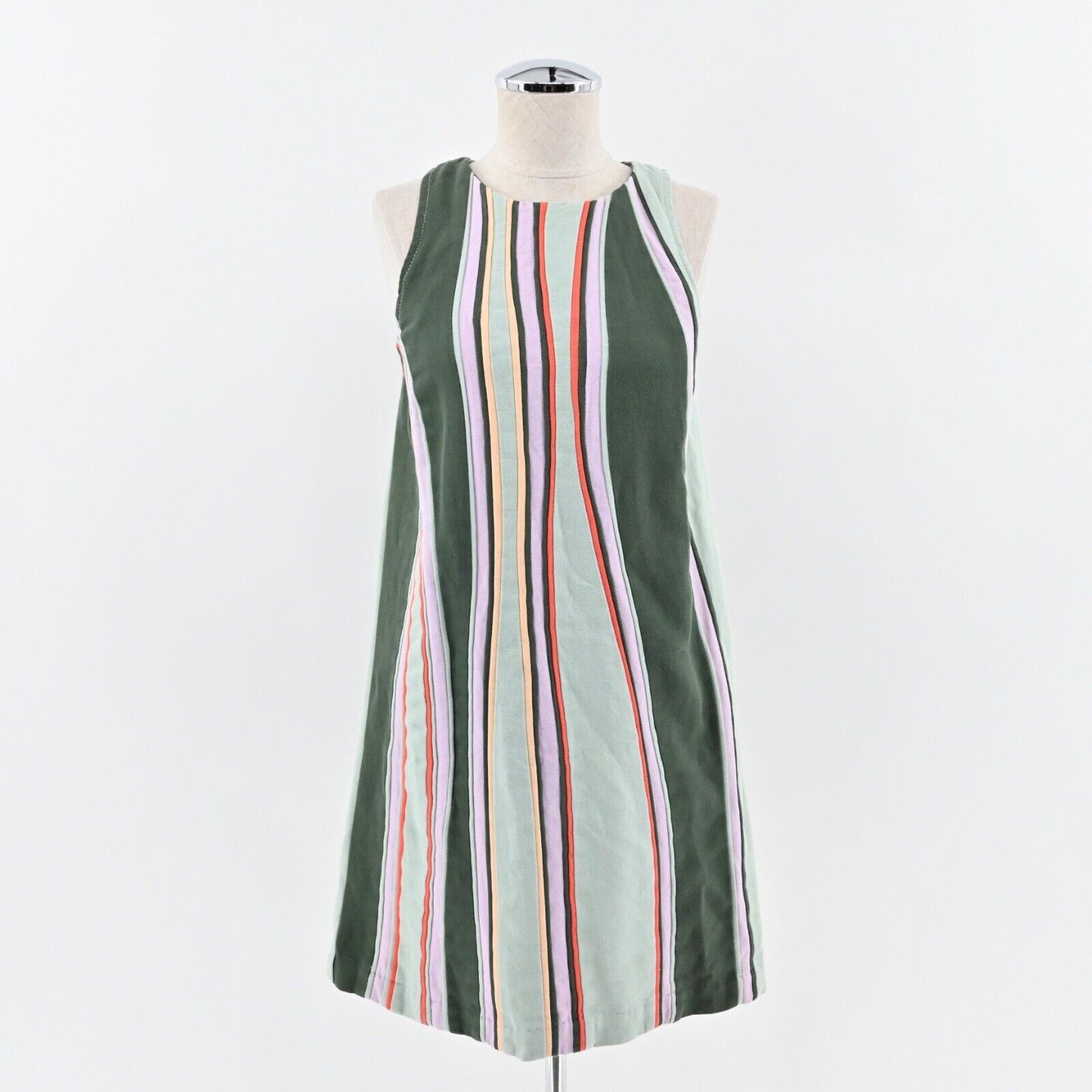 ANTHROPOLOGIE Dress Sz XSP MAEVE Keri A Line Green Stripe Cotton Linen Mini 60s