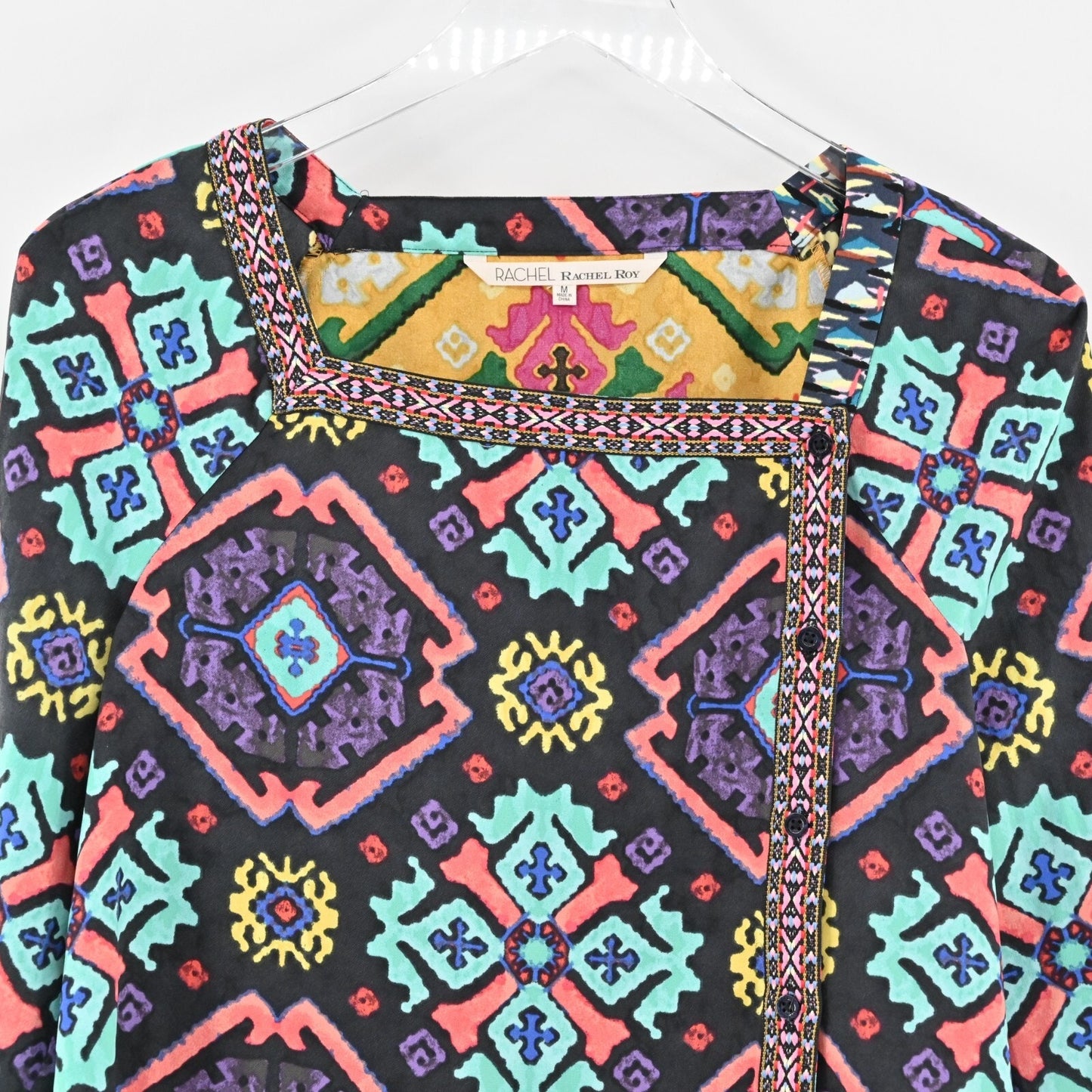 RACHEL ROY Top Womens Sz M Multicolor Print Embroidered Trim Square Neck Blouse