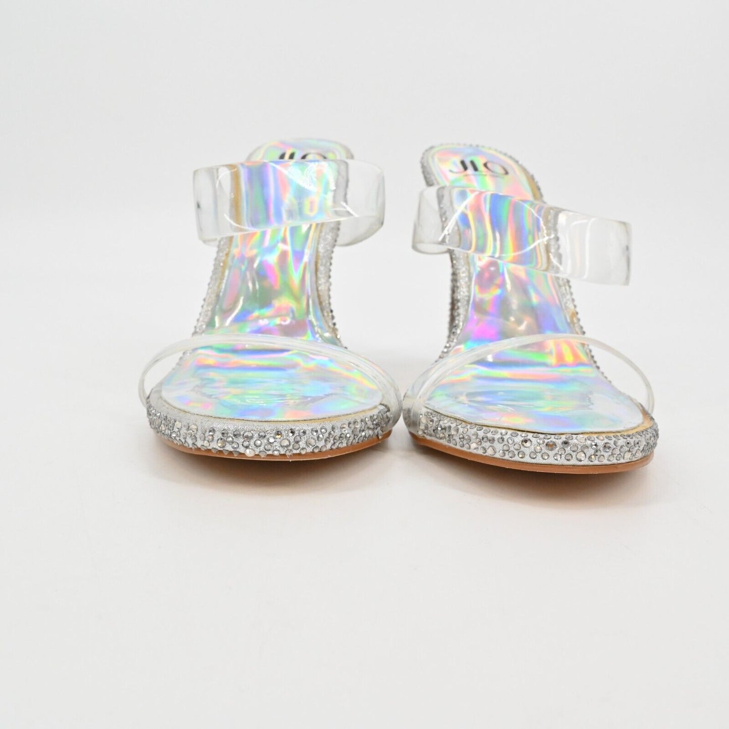 JLO Heels Womens Sz 8 Jennifer Lopez Ineze Rhinestone Silver Plastic Slide Pump