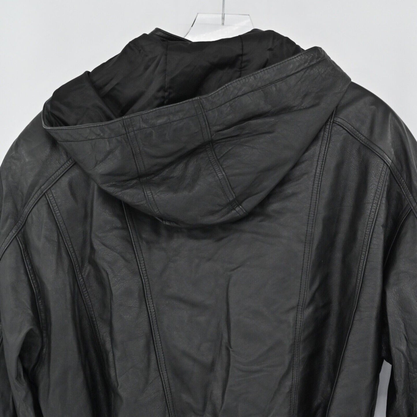 Vtg WILSONS Leather Coat Mens L Black Removable Hood Belted Faux Fur Lined 80s