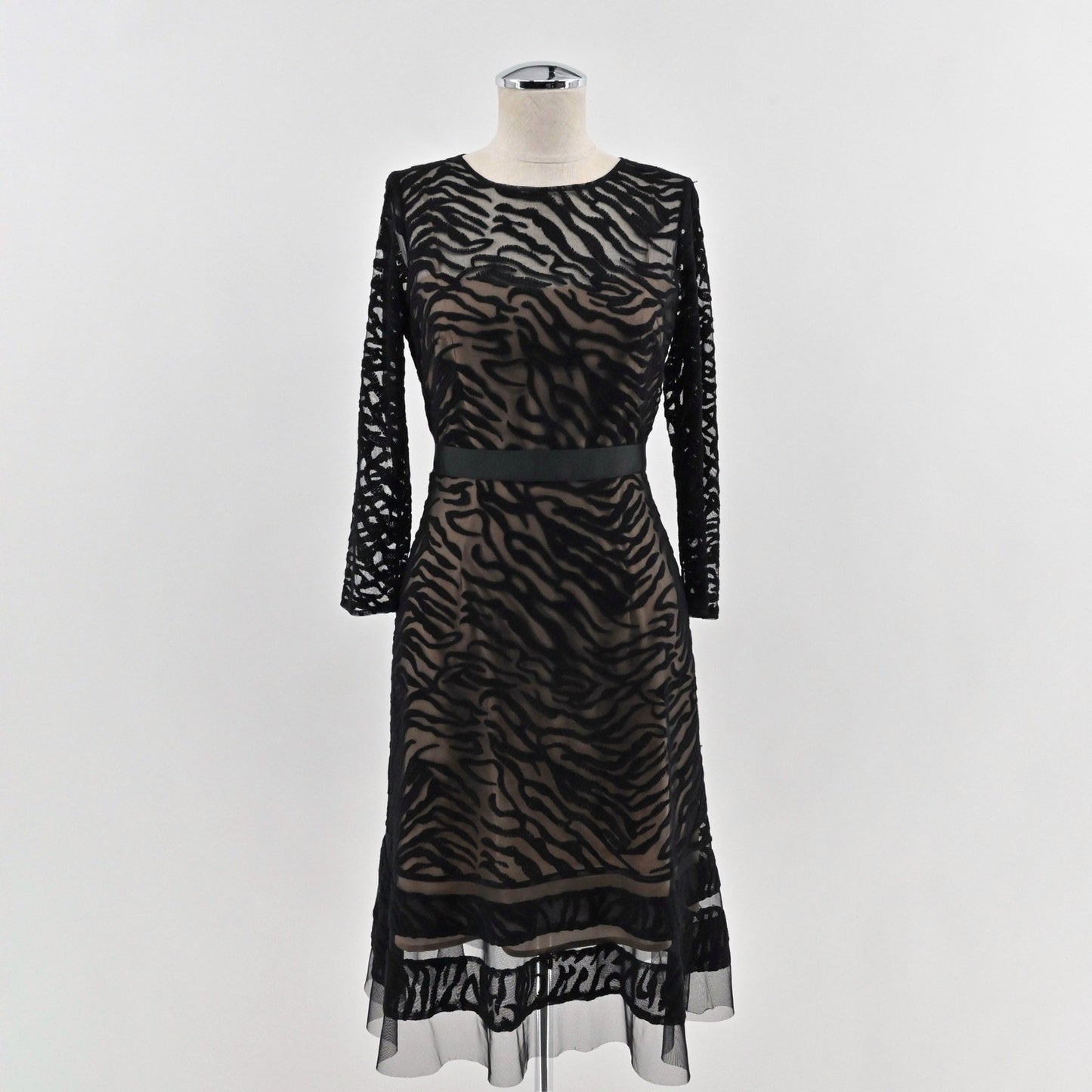 BCBGMAXAZRIA Velvet Burnout Midi Dress Sz 0 Zebra Black Lace Cocktail Whimsical