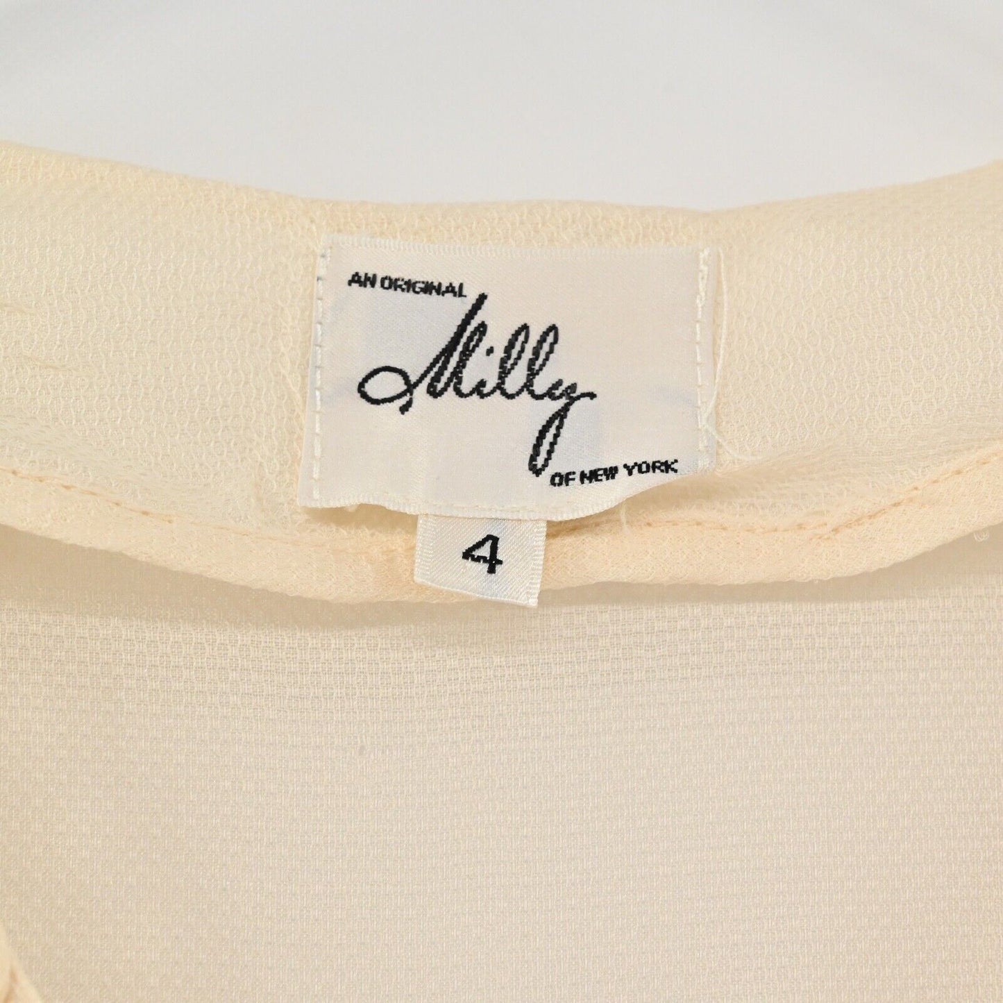 Vtg MILLY Top Womens Sz 4 Cream 100% Silk Eyelet V Neck Balloon Sleeve Retro USA