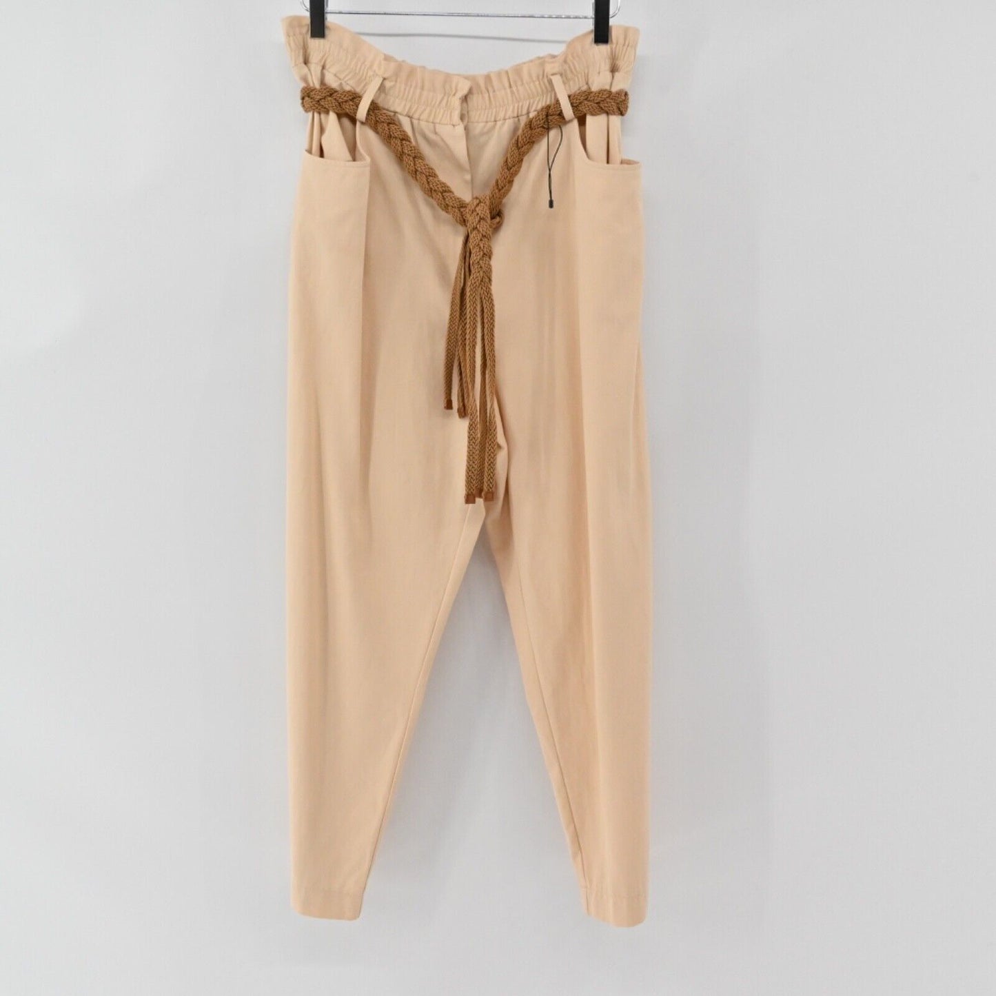 ZARA Pants Womens Sz XL Peach Cotton Blend High Rise Paperbag Braided Belt NEW