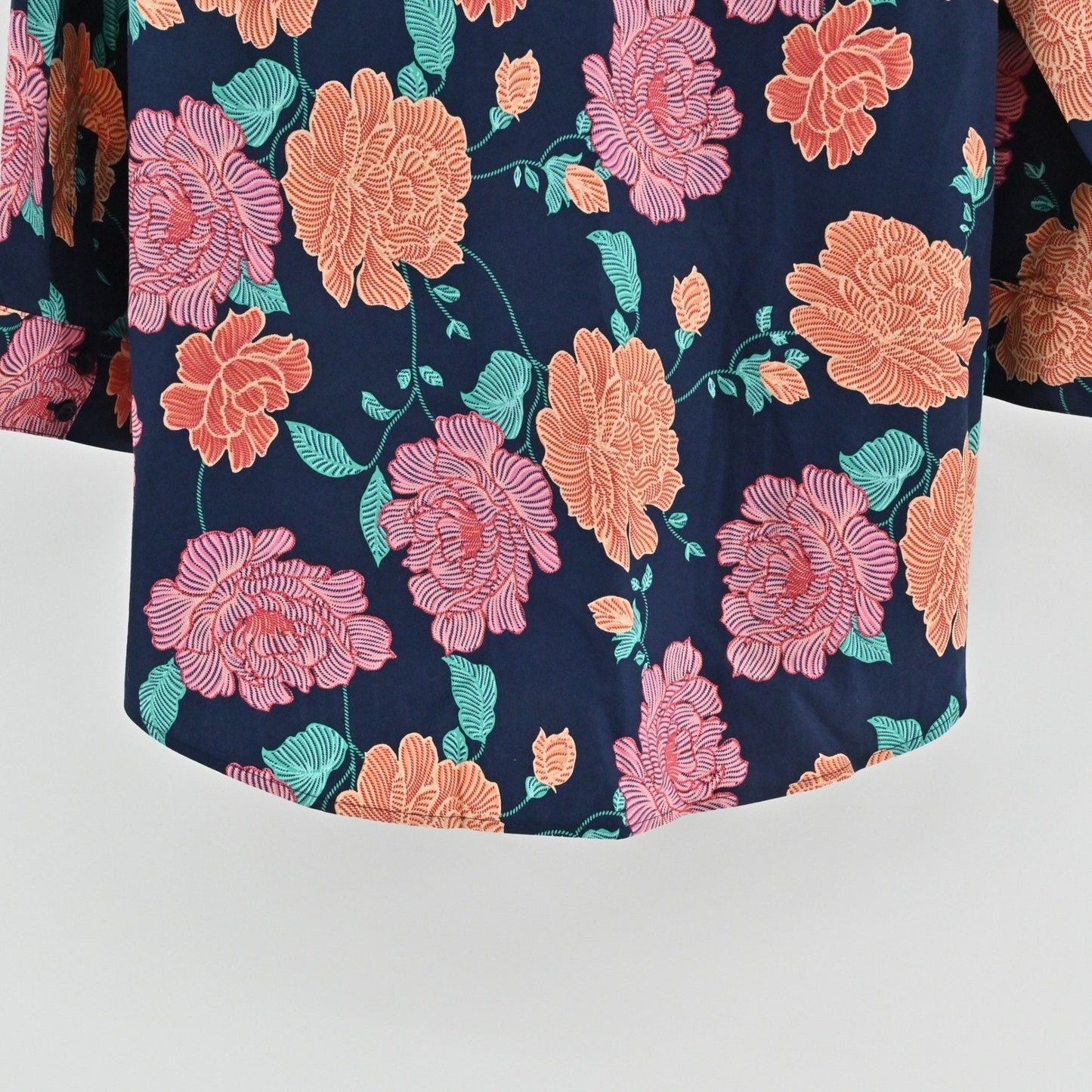 CHICOS Womens Top Size XL Cotton Floral Button Tropical Vibrant Orange Pink