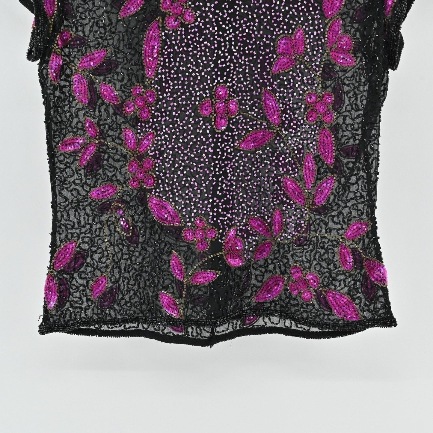 Vtg 80s Papell Boutique Silk Beaded Top Size S Black Pink Sequined Retro Glam
