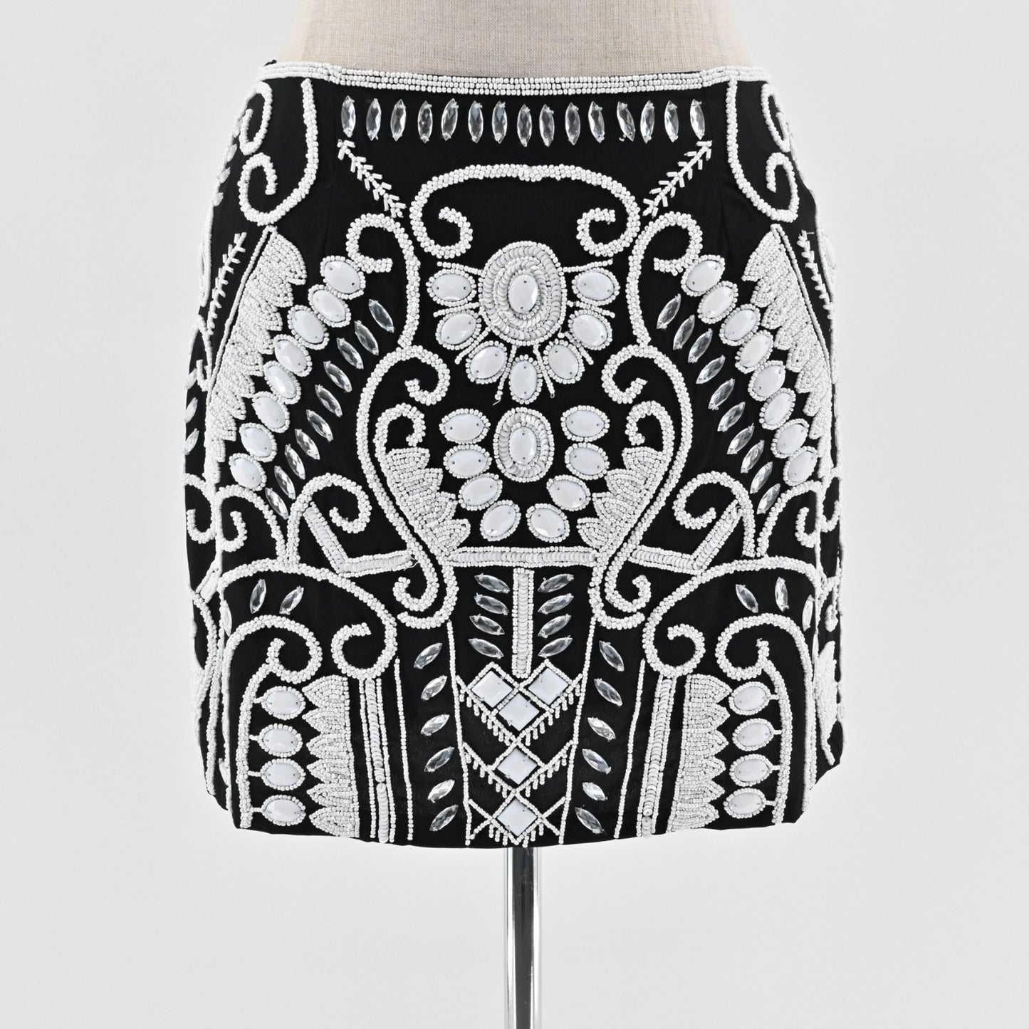 Alexis Womens Beaded Mini Skirt Size S Black White Rhinestone Embellished Luxe