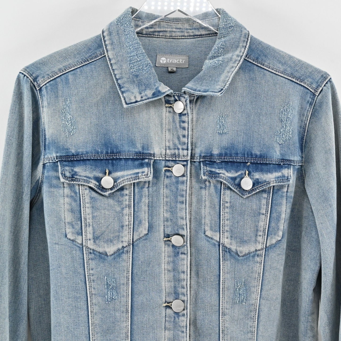 Tractr Womens Jean Jacket Size XL Pink Sequin Tongue Button Rolling Blue Stones