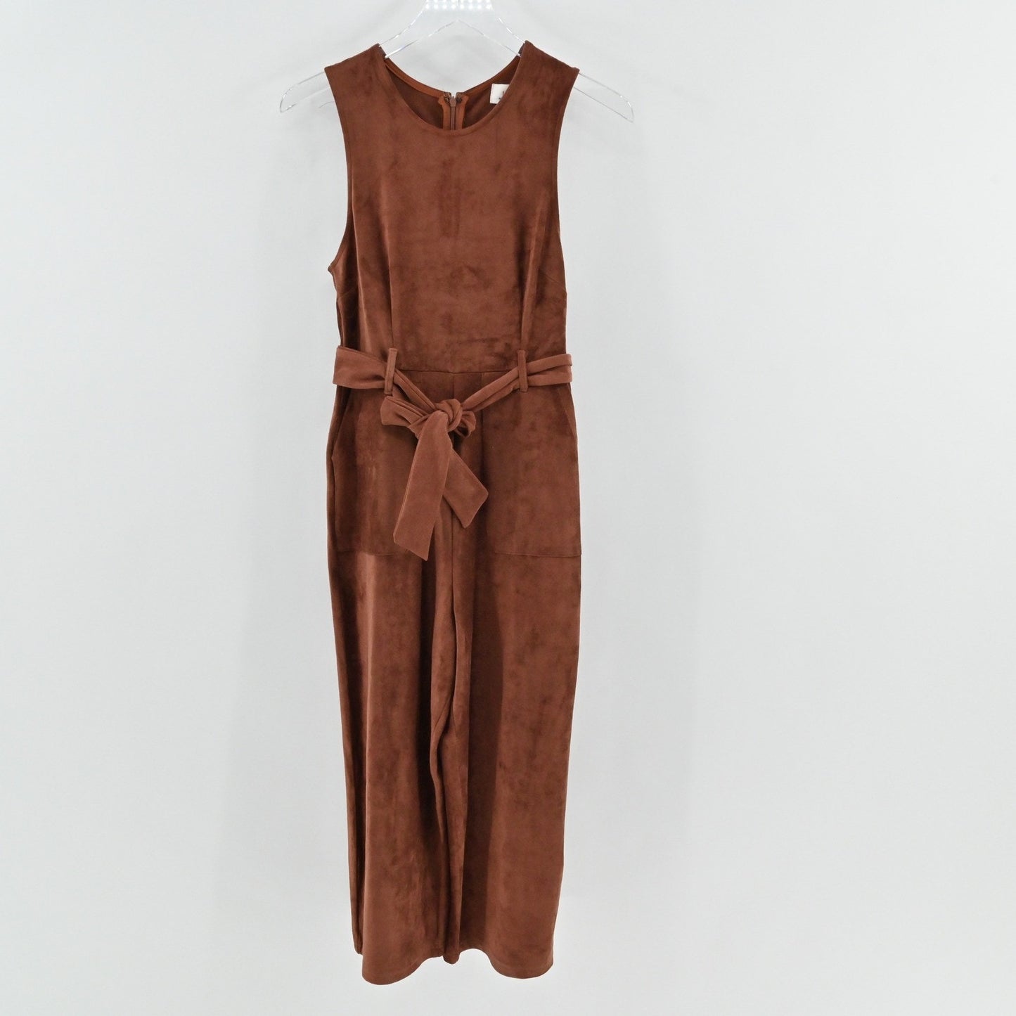 Anthropologie Womens Suede Jumpsuit Size XSP Brown Polished Sleeveless Belted