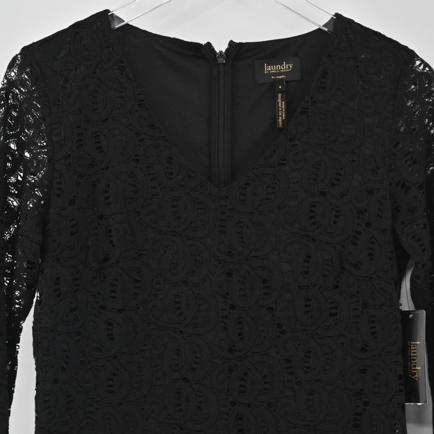 LAUNDRY by SHELLI SEGAL Dress Size 4 Black Lace Dark Romantic Sheer Long Sleeve