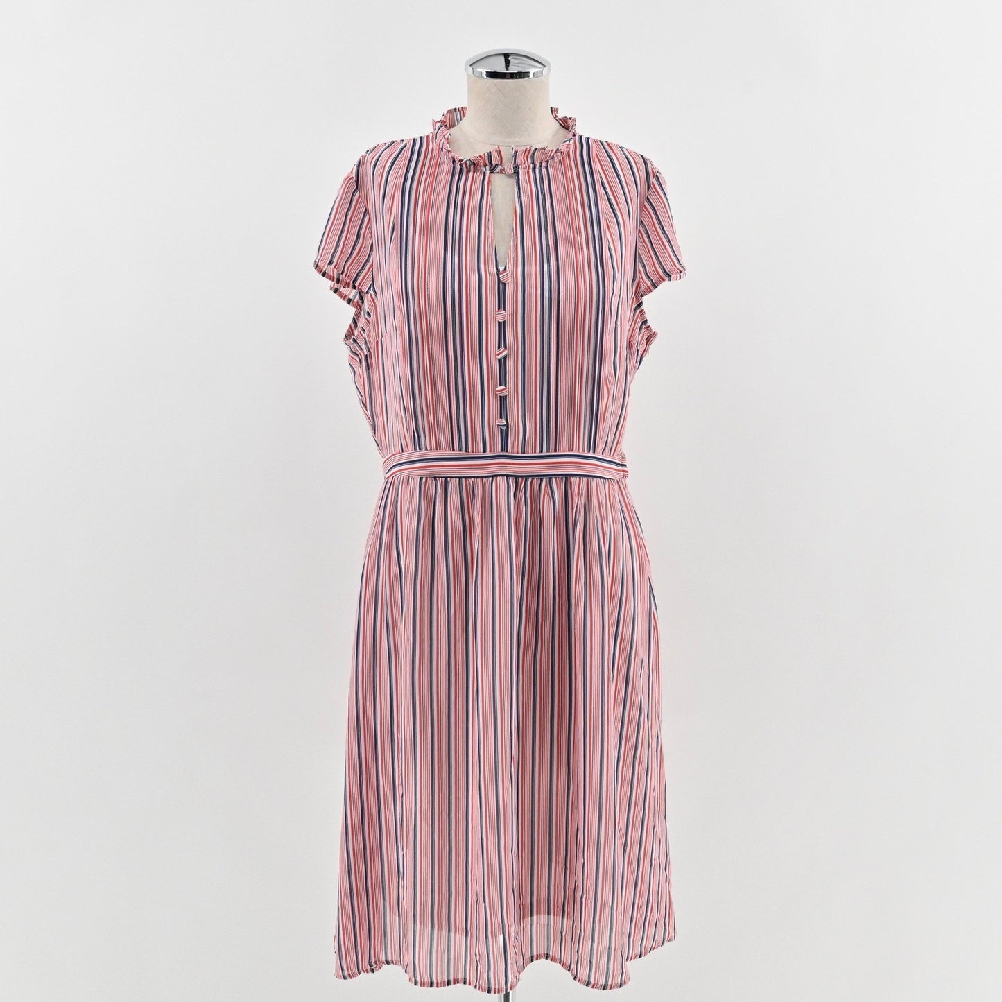 Modcloth Striped Button Front Midi Dress Size L Ruffle Nautical Retro Red Blue