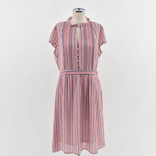 Modcloth Striped Button Front Midi Dress Size L Ruffle Nautical Retro Red Blue