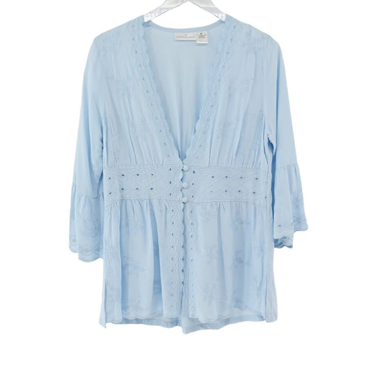 SOFT SURROUNDINGS Top Womens Size S VNeck Embroidered Button Front Blue Blouse