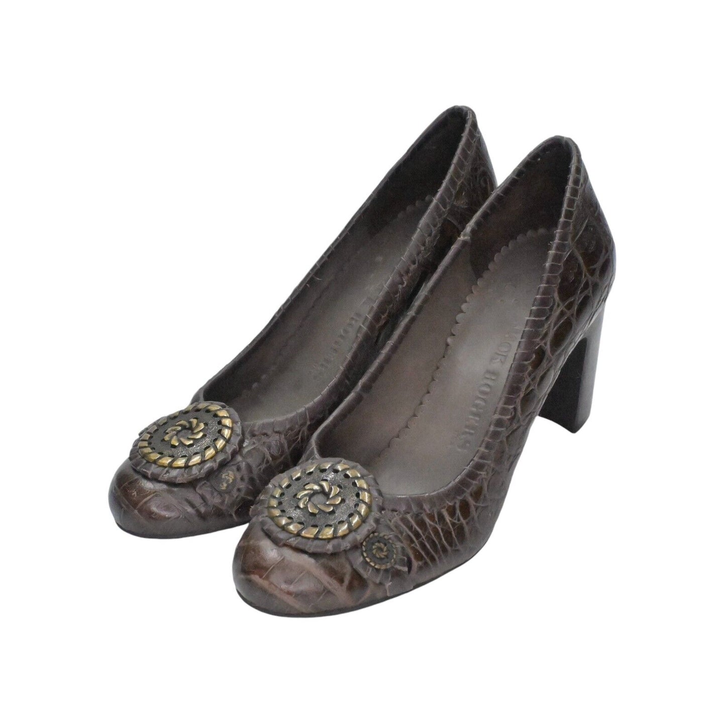 JACK ROGERS Heels Womens Size 7 Coin Isabelle Brown Croc Leather Pump Round Toe