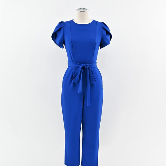 CALVIN KLEIN Blue Puff Sleeve Jumpsuit Womens Size 2 Cobalt Belted Tapered Leg
