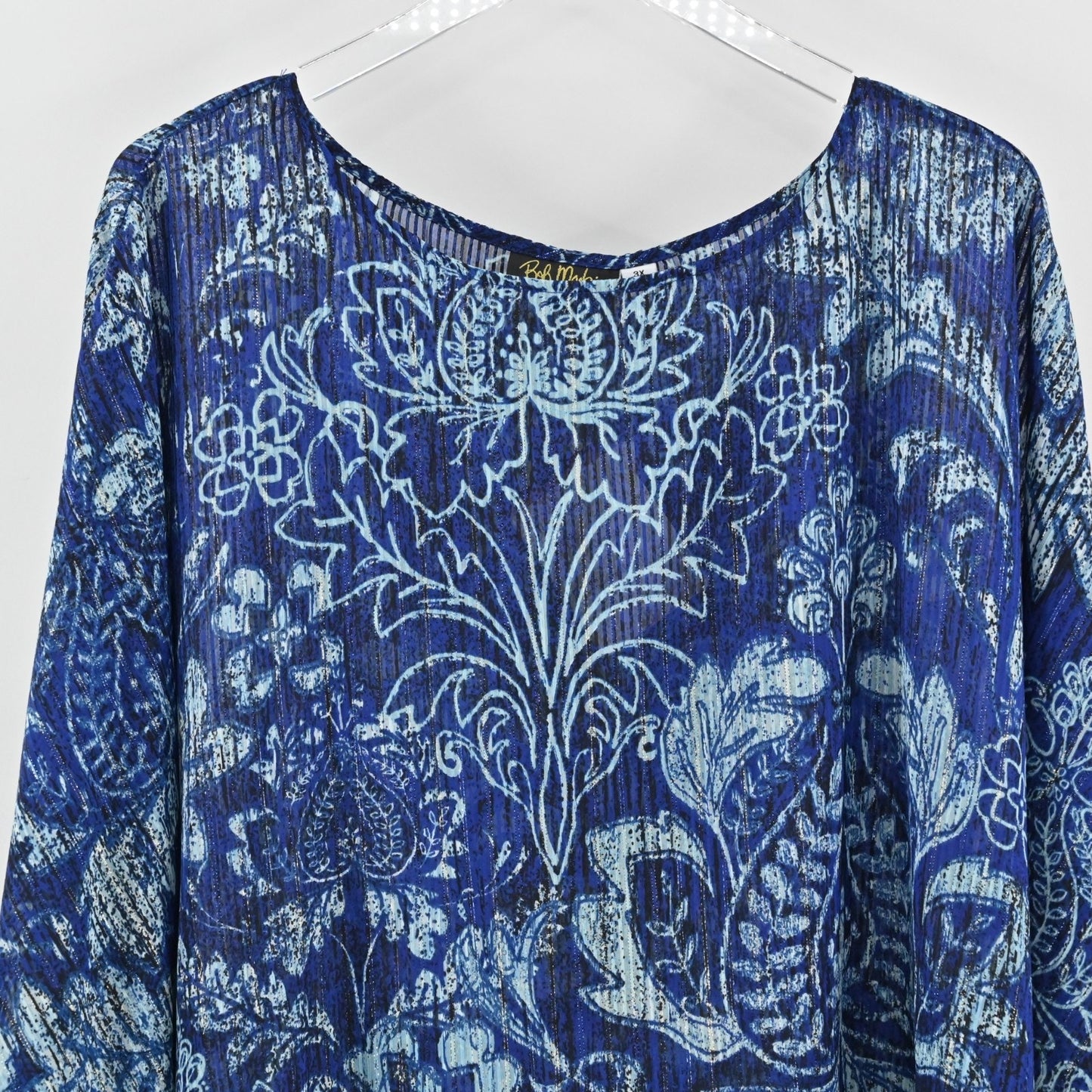 Bob Mackie Womens Kaftan Blue Top Size 3X Metallic Floral Wearable Art Flowy NEW