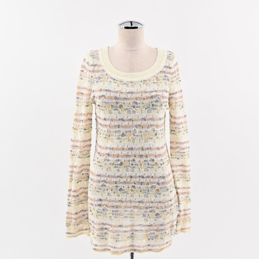 ANTHROPOLOGIE Sweater Womens Size S Cream Stripe Linen Open Knit Scoop Neck MOTH