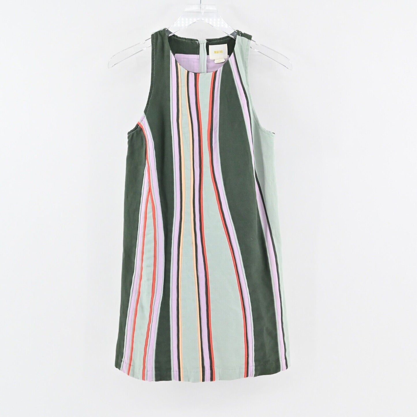 ANTHROPOLOGIE Dress Sz XSP MAEVE Keri A Line Green Stripe Cotton Linen Mini 60s