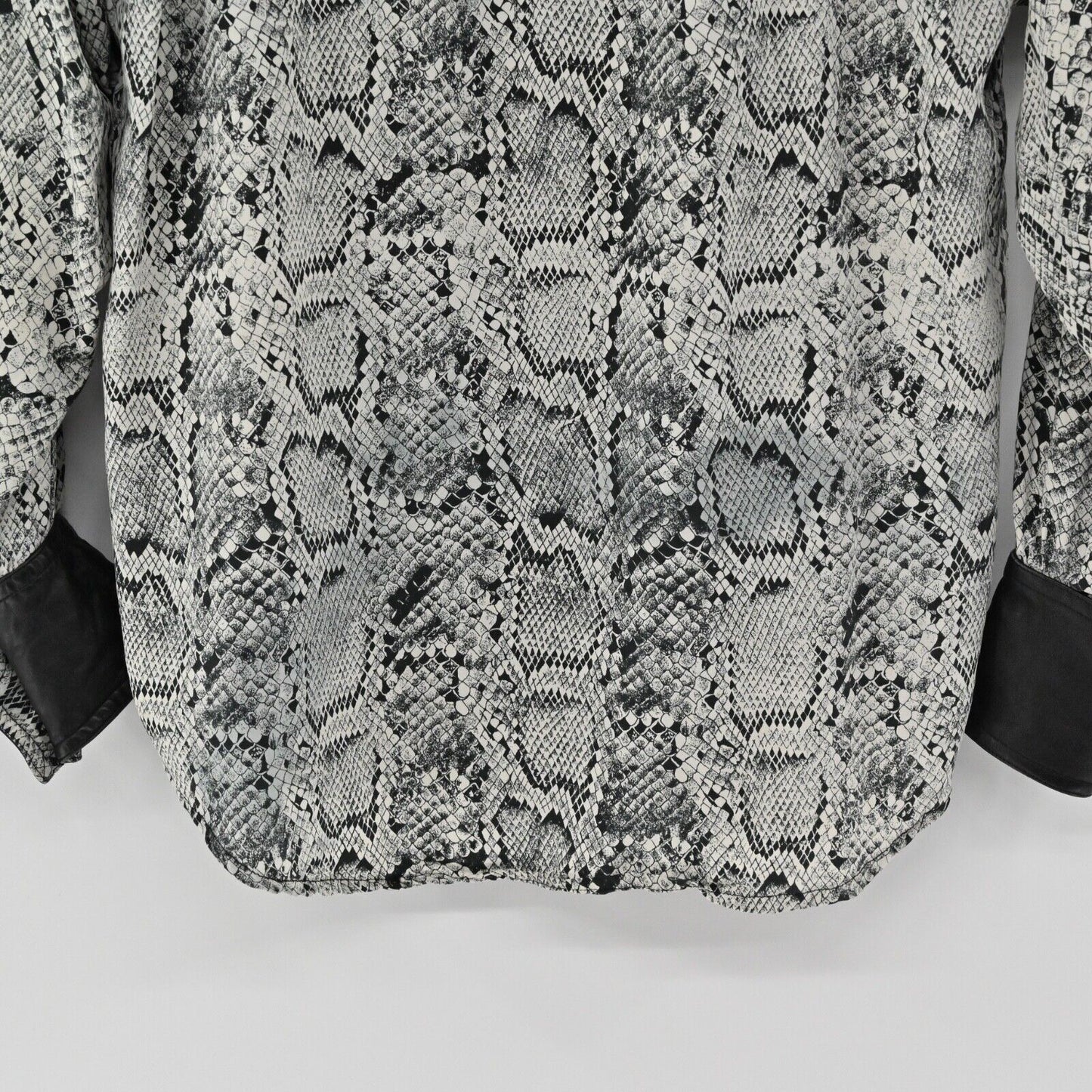 Vtg CACHE Top Womens Sz M Black Snakeskin Print Silk Faux Leather Button Up 90s