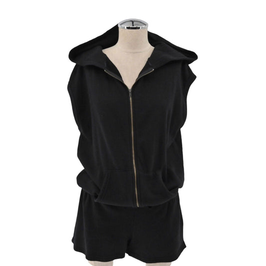PAM AND GELA Romper Womens Sz M Solid Black Casual Hooded Sleeveless Zipper NEW
