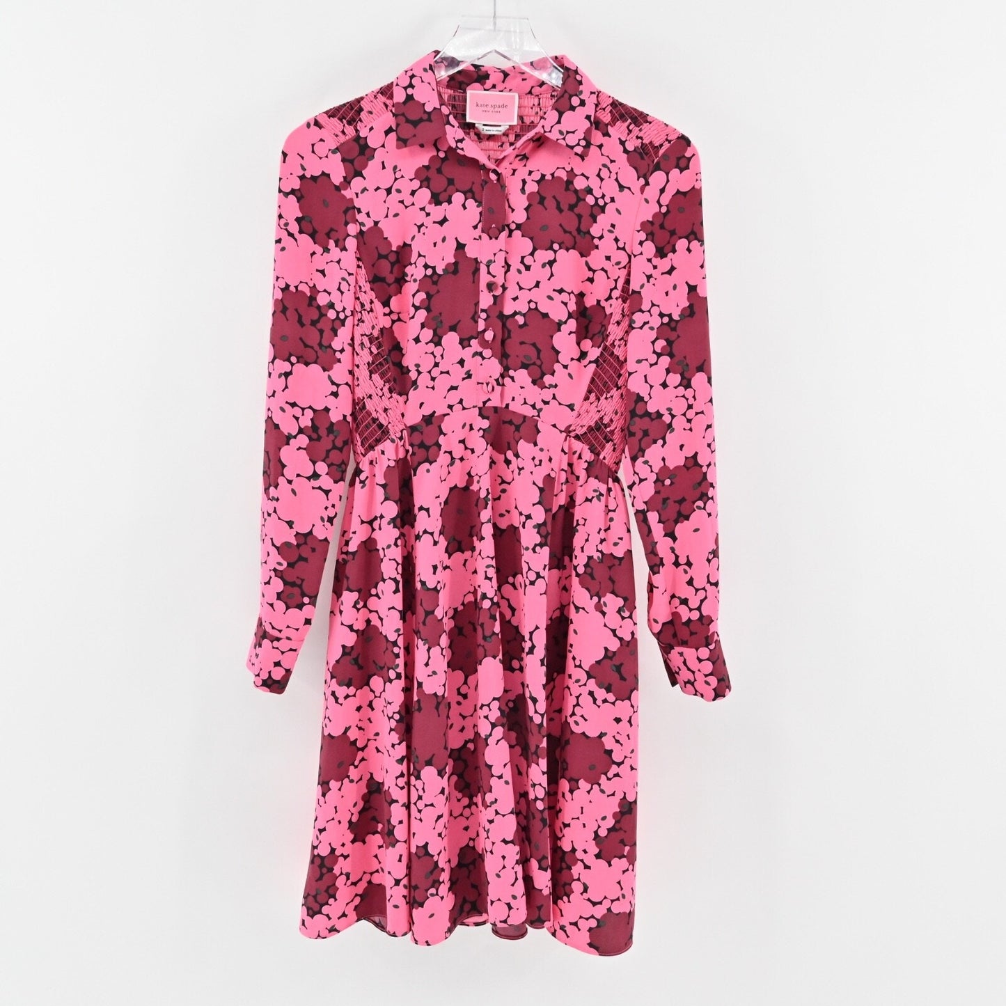 KATE SPADE Bubble Dot Smocked Shirt Dress Size 2 Pink Long Sleeve Retro Preppy