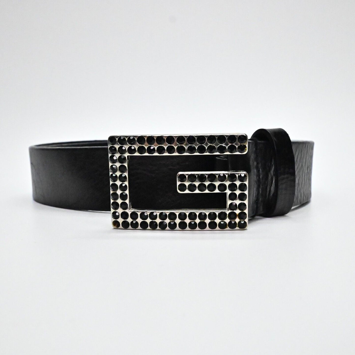 Vintage GUESS Brand Womens Belt Black Genuine Leather Stones Bling G Logo Small