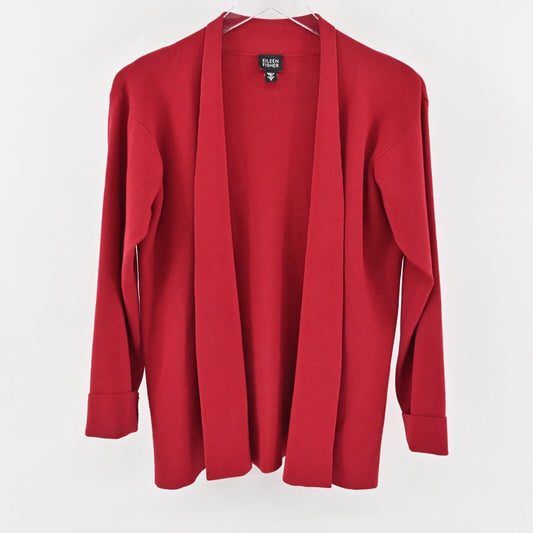 EILEEN FISHER Cardigan Womens Size S Red Italian Yarn Knit Open Front Sweater