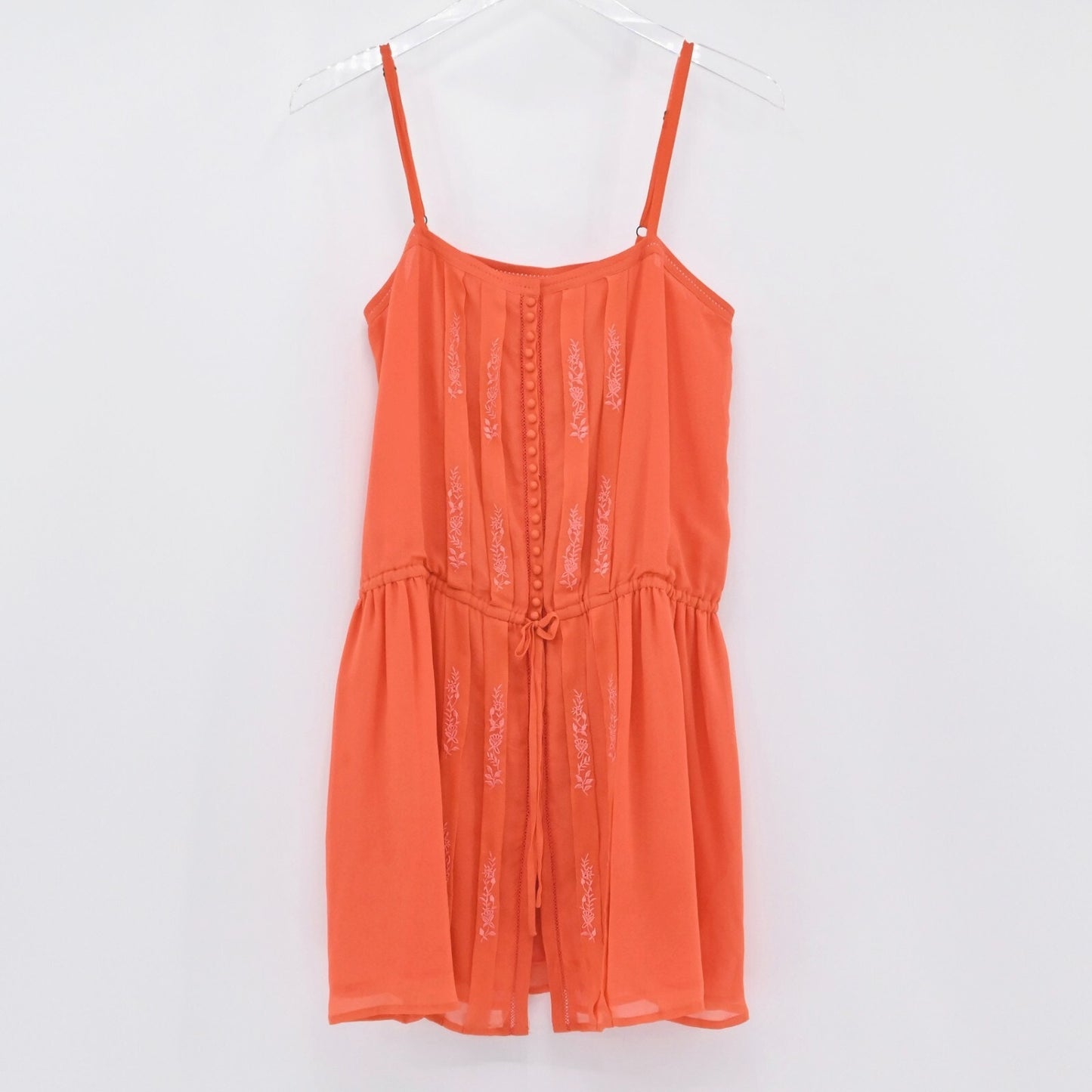 JOIE Womens Embroidered Silk Dress Size S Orange Boho Sleeveless Pin Tuck Lined