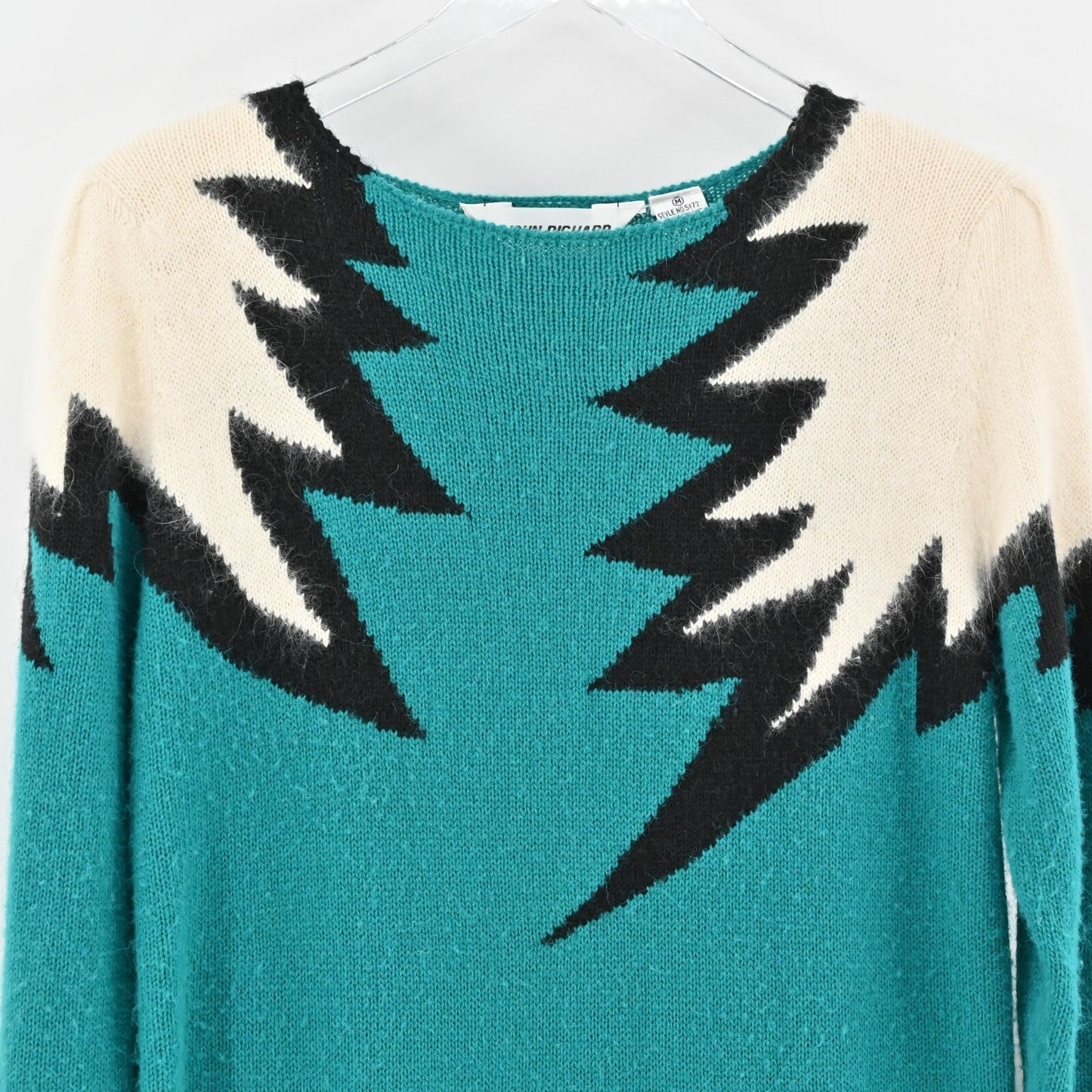 Vtg JOHN RICHARD Sweater Dress Angora Hair Sz M Knit Zig Zag Lightning Teal 80s