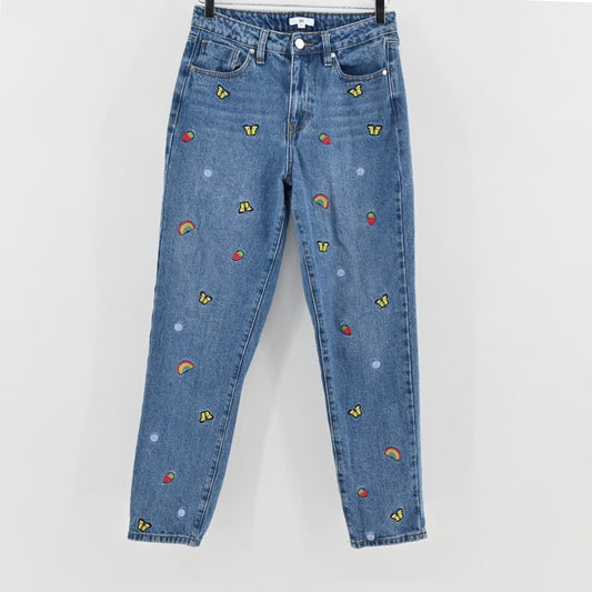 BP High Rise Embroidered Mom Jeans Womens Size 27 Blue Playful Cotton Denim