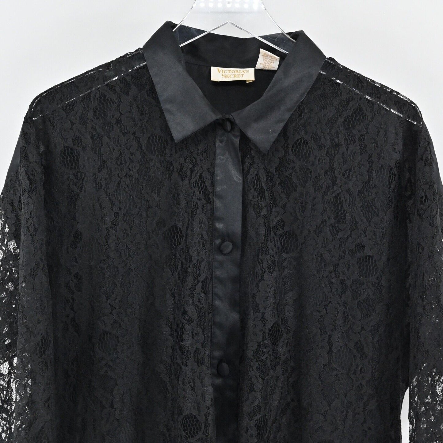 Vtg VICTORIAS SECRET Gold Label Dress Size M/L Black Satin Sheer Floral Lace 80s
